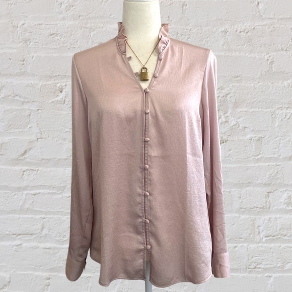 Express Light Pink Portofino Ruffle V-Neck Button Up Blouse Shirt Bohemian Top - Picture 3 of 16